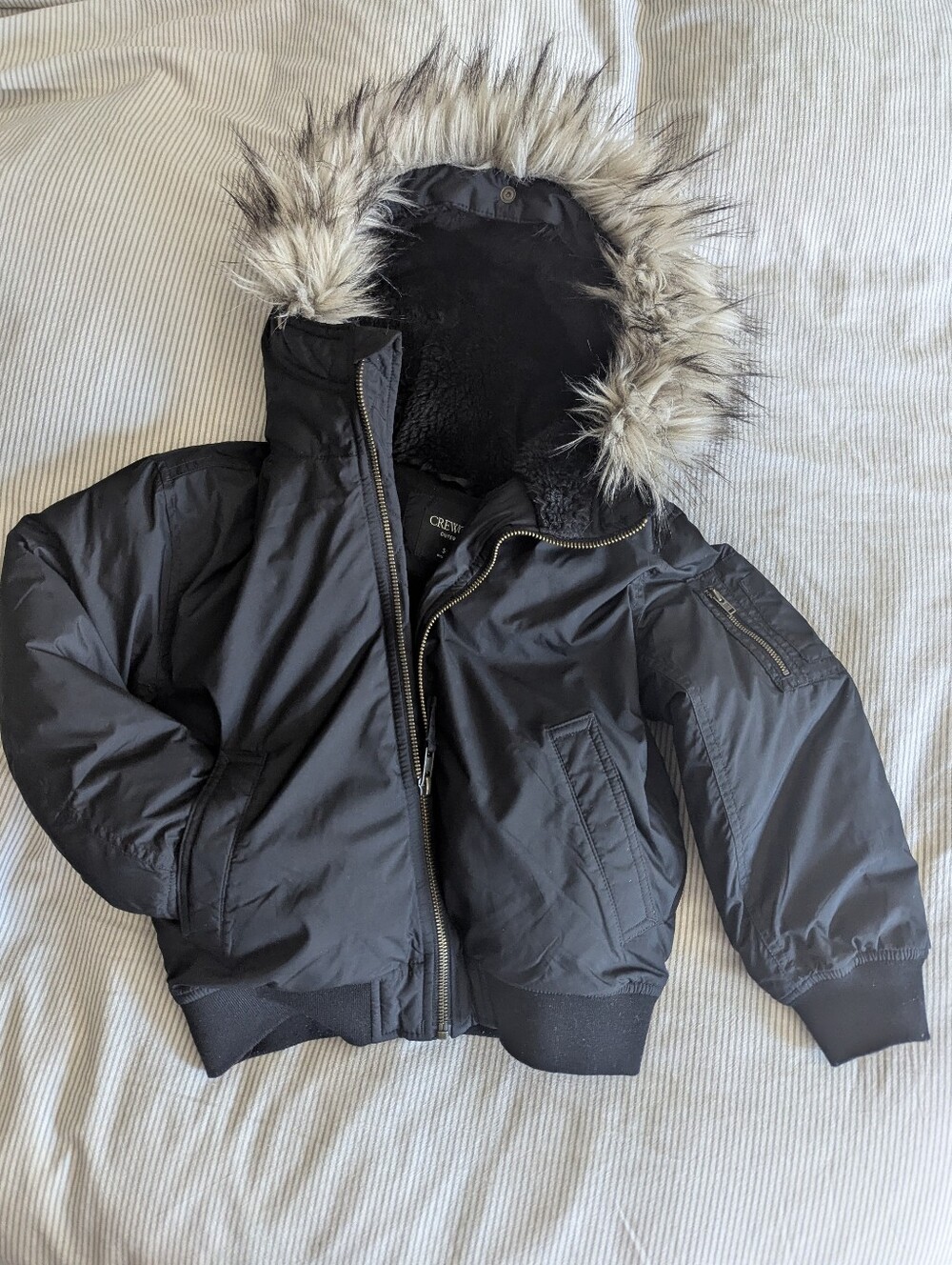 JCrew Black Hooded Puffer Jacket with Faux Fur Trim